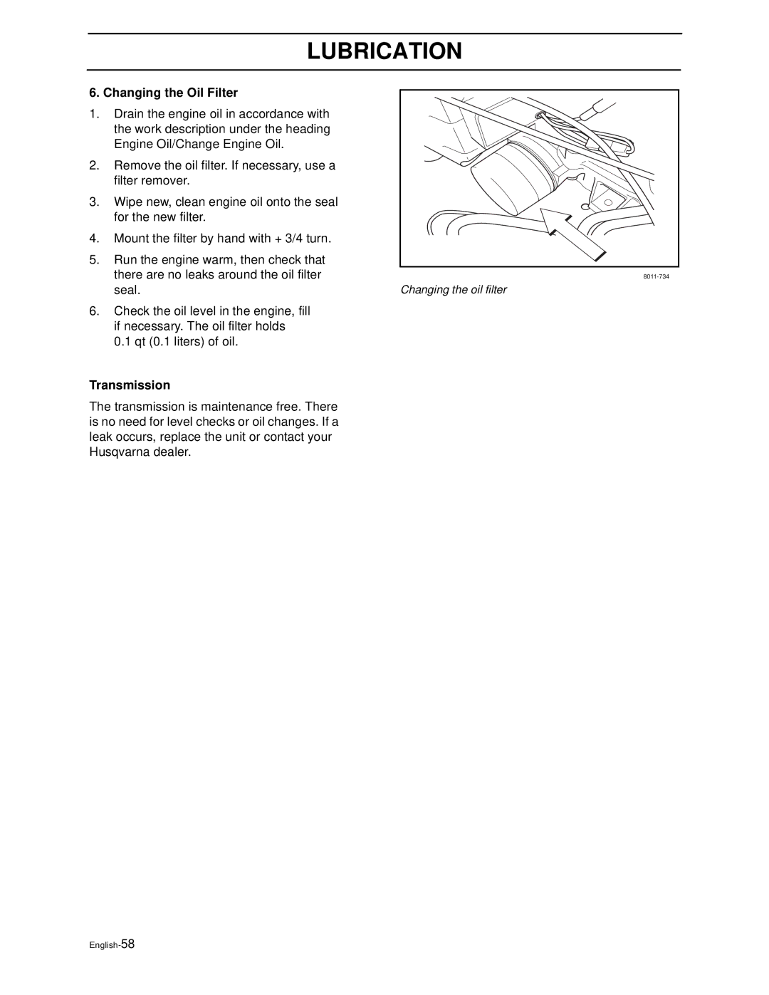 Husqvarna Z4818BIA/968999250 manual Changing the Oil Filter, Transmission 