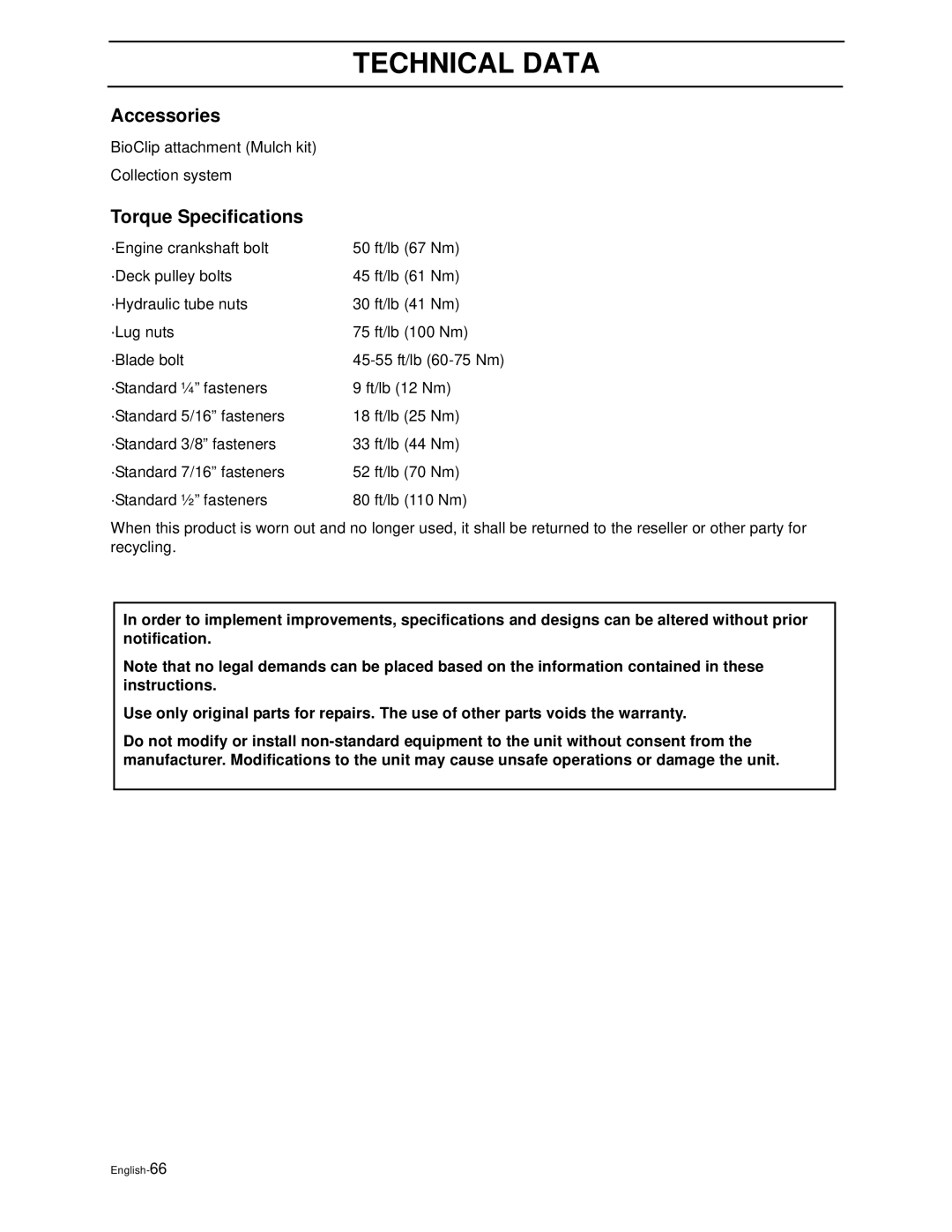 Husqvarna Z4818BIA/968999250 manual Accessories, Torque Specifications 