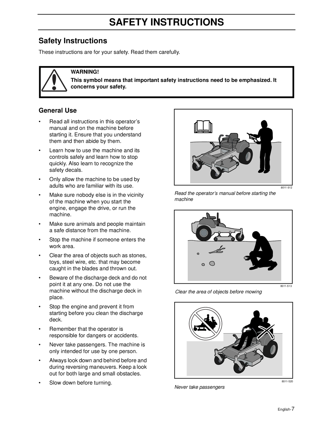 Husqvarna Z4818BIA/968999250 manual Safety Instructions, General Use 