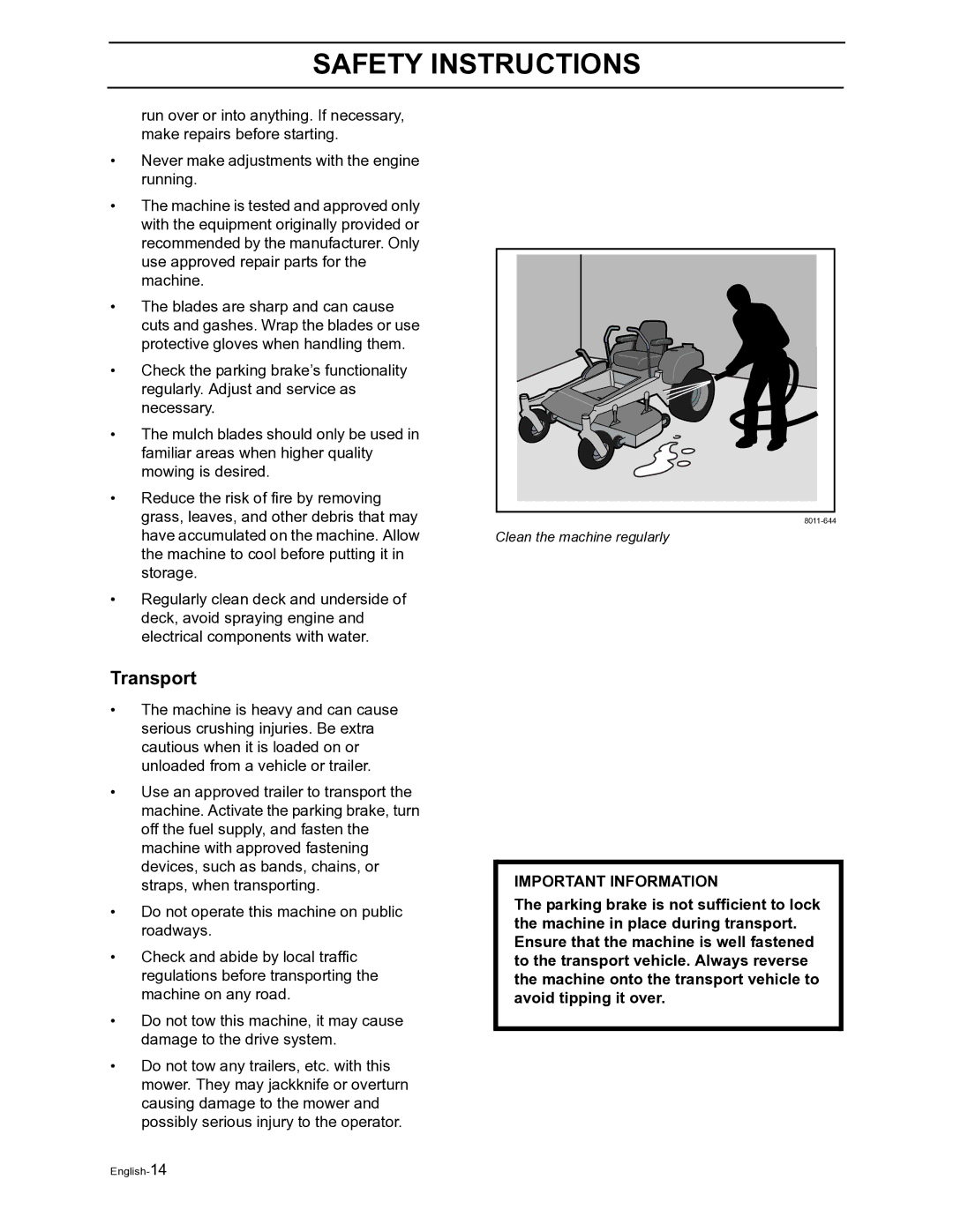 Husqvarna Z4822 manual Transport, Important Information 