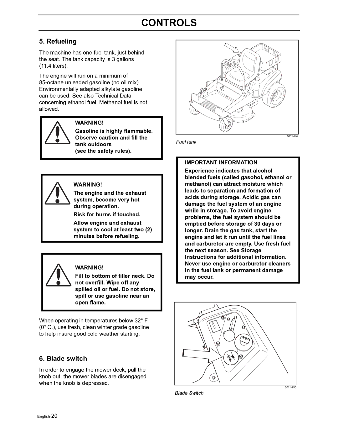 Husqvarna Z4822 manual Refueling, Blade switch 