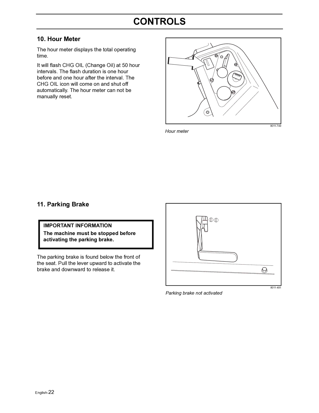 Husqvarna Z4822 manual Hour Meter, Parking Brake, Machine must be stopped before activating the parking brake 