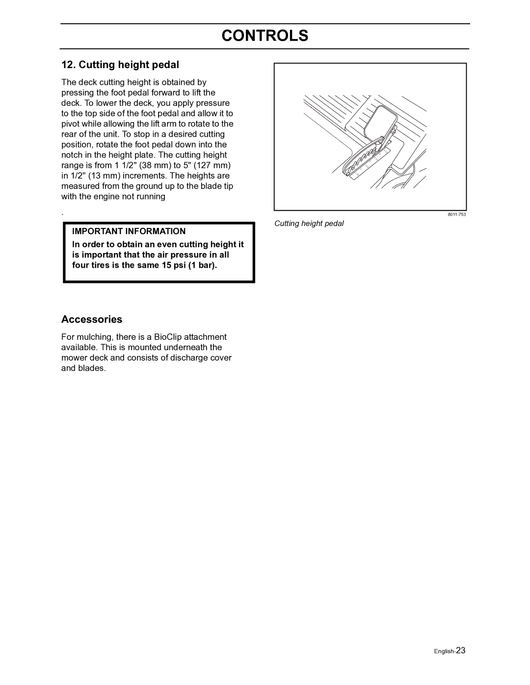 Husqvarna Z4822 manual Cutting height pedal, Accessories 