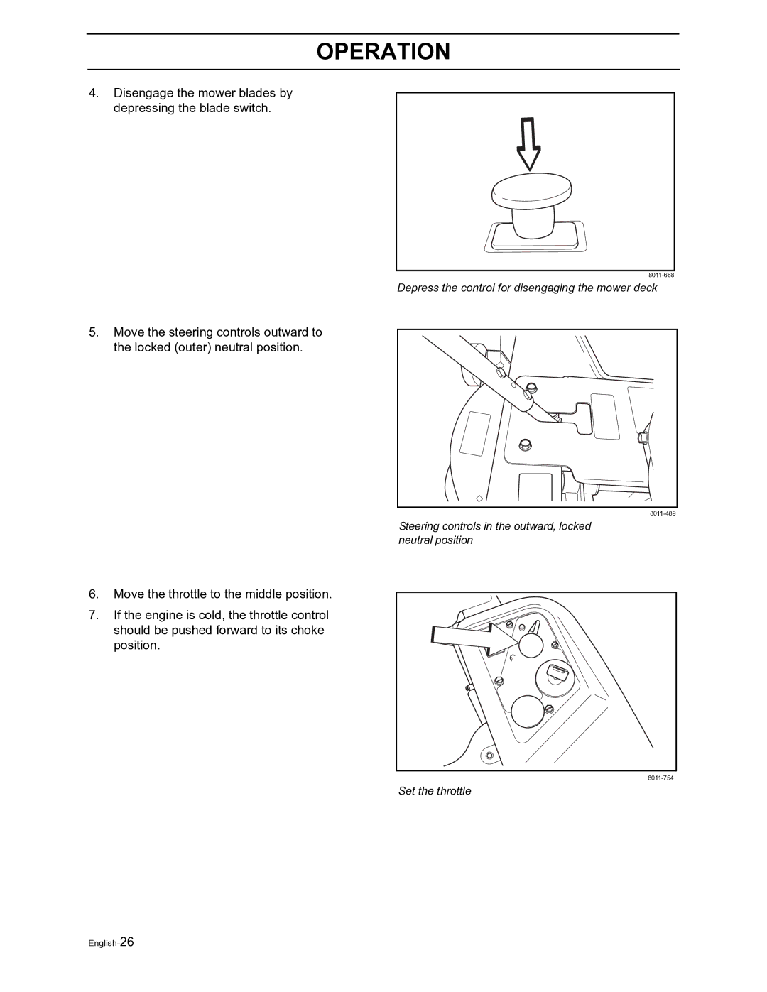 Husqvarna Z4822 manual Depress the control for disengaging the mower deck 