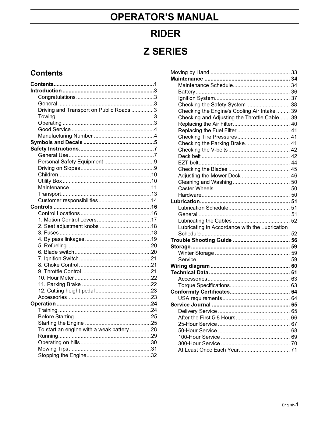 Husqvarna Z4822 manual OPERATOR’S Manual Rider Series, Contents 