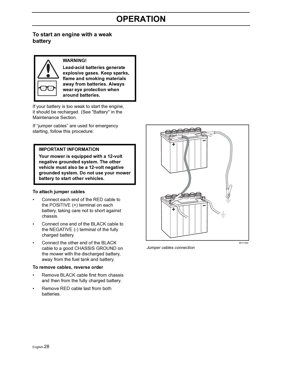 Husqvarna Z4822 manual To start an engine with a weak battery, To remove cables, reverse order 