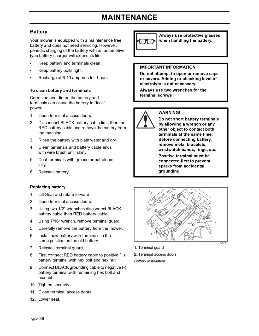 Husqvarna Z4822 manual Battery, To clean battery and terminals, Replacing battery 