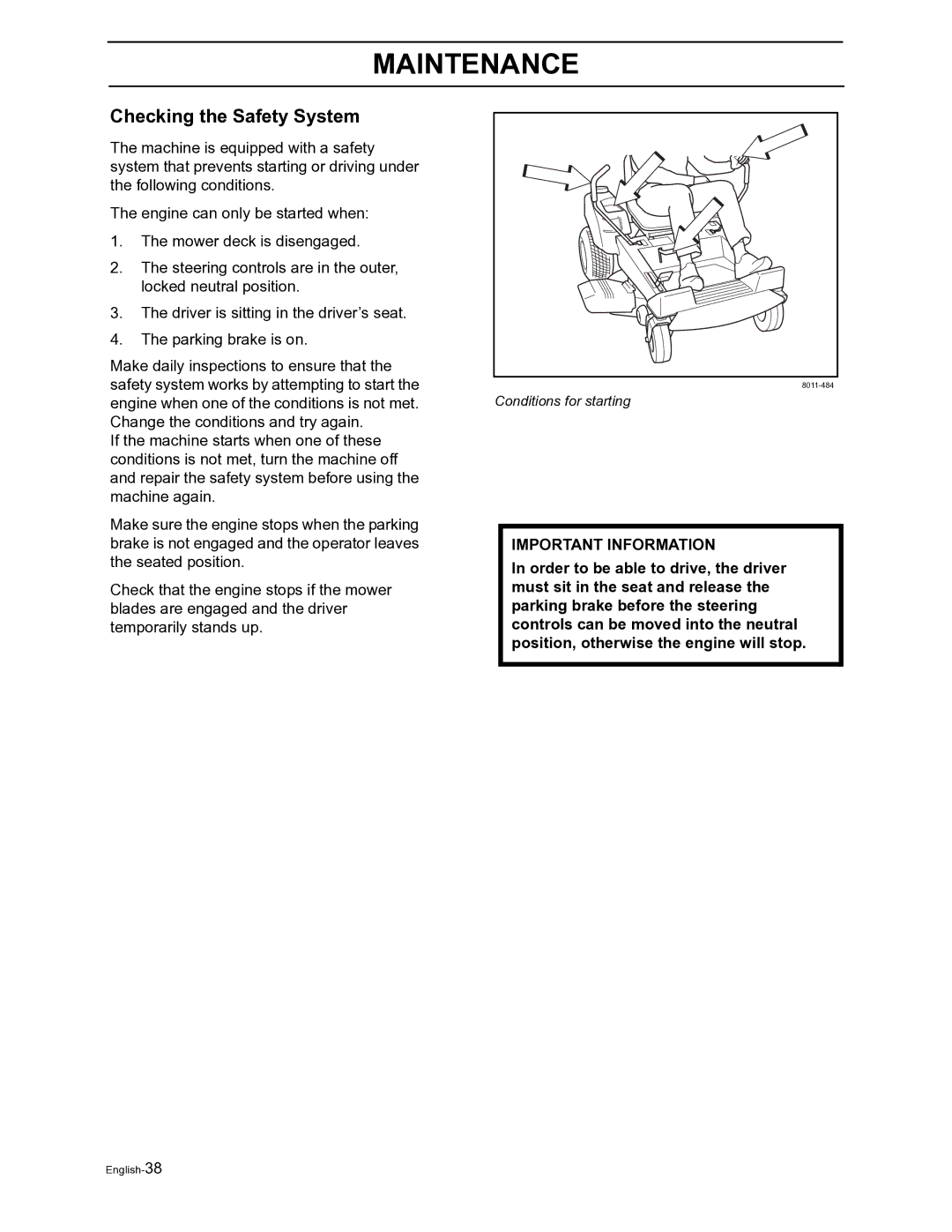 Husqvarna Z4822 manual Checking the Safety System 