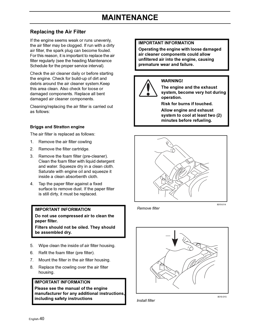 Husqvarna Z4822 manual Replacing the Air Filter, Briggs and Stratton engine 