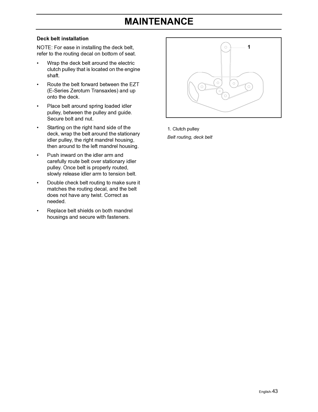 Husqvarna Z4822 manual Deck belt installation 