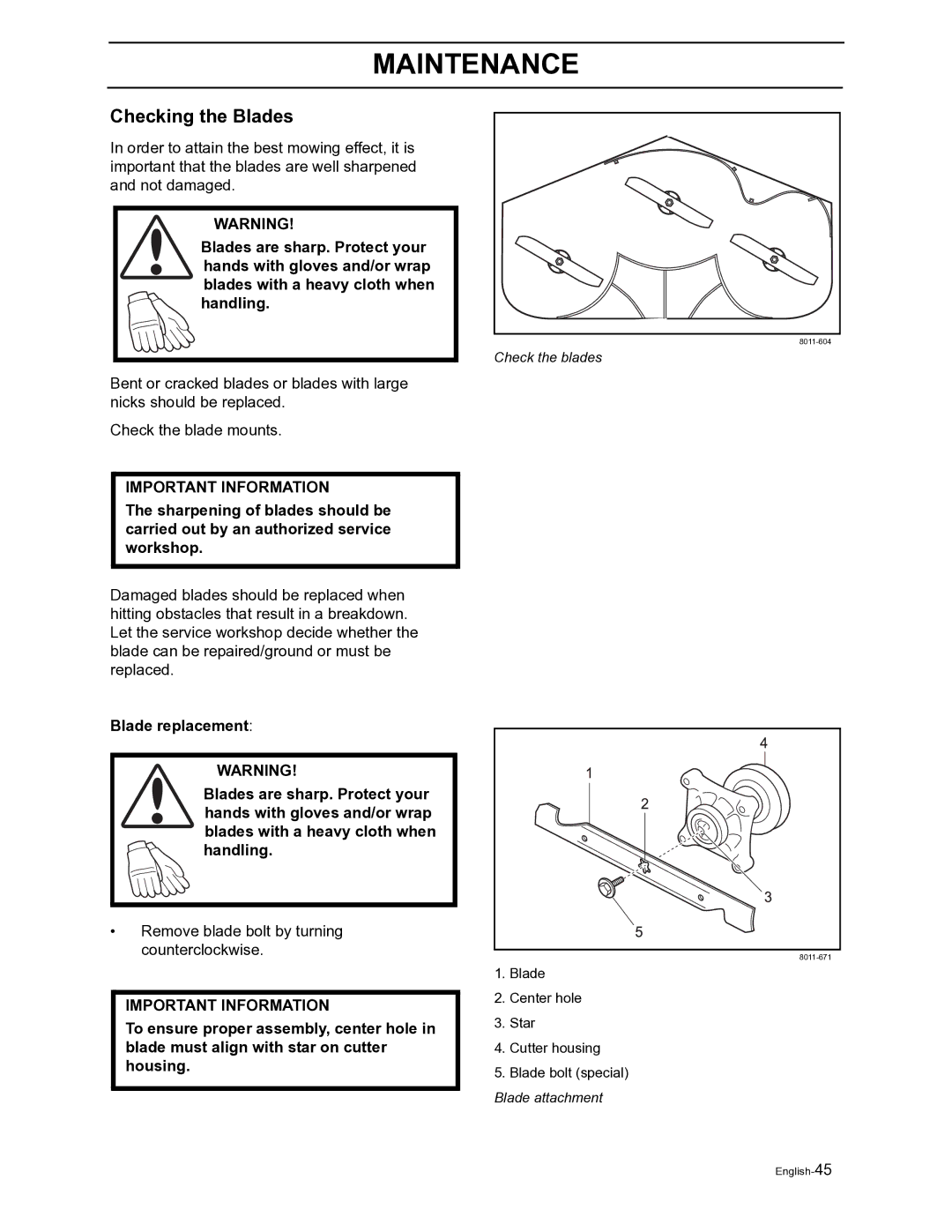 Husqvarna Z4822 manual Checking the Blades, Check the blades 