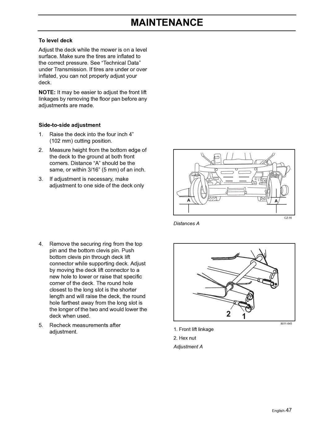 Husqvarna Z4822 manual To level deck, Side-to-side adjustment 