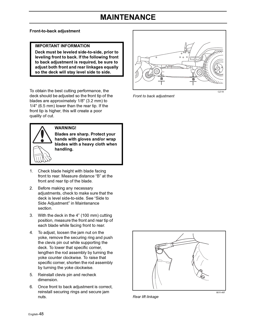 Husqvarna Z4822 manual Front-to-back adjustment 