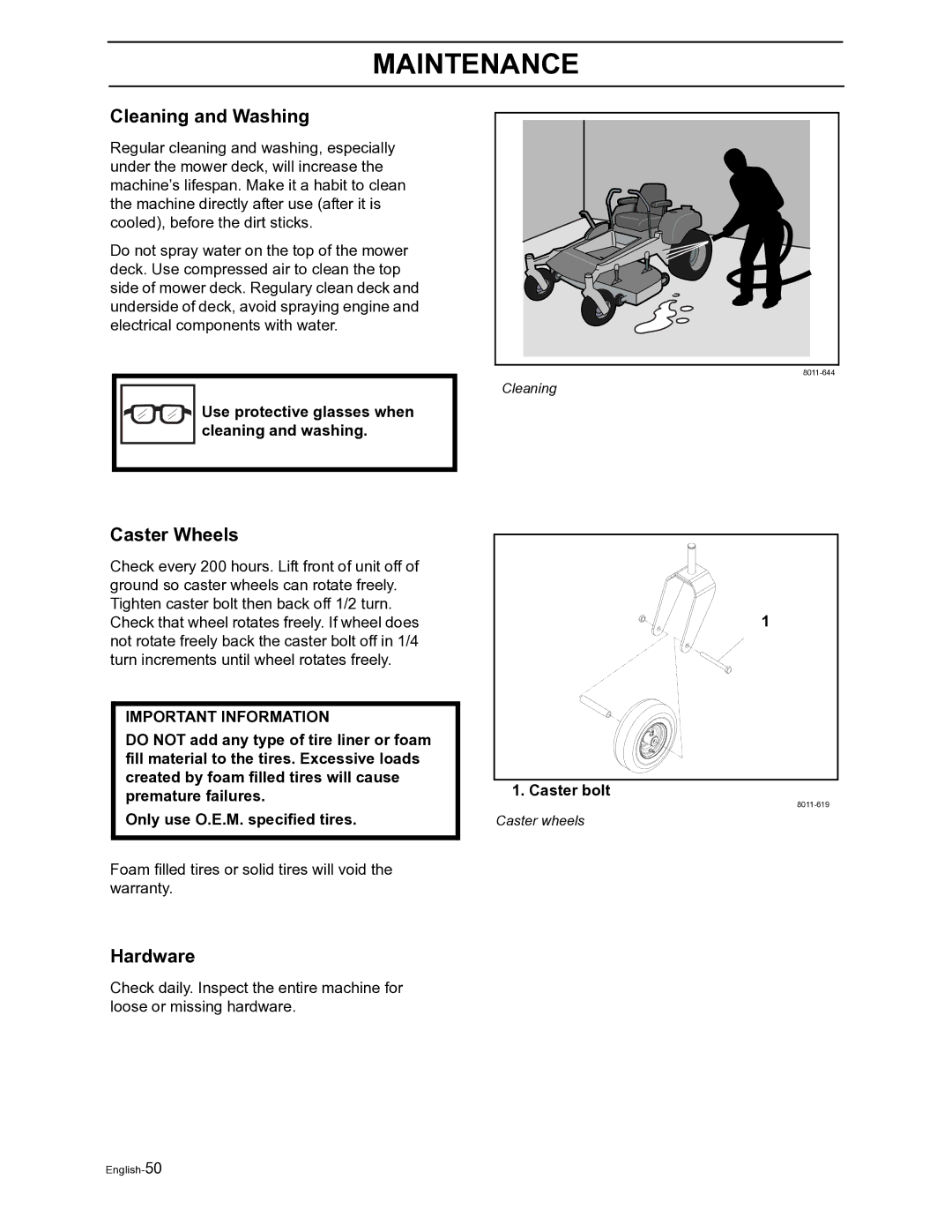 Husqvarna Z4822 manual Cleaning and Washing, Caster Wheels, Hardware, Use protective glasses when cleaning and washing 