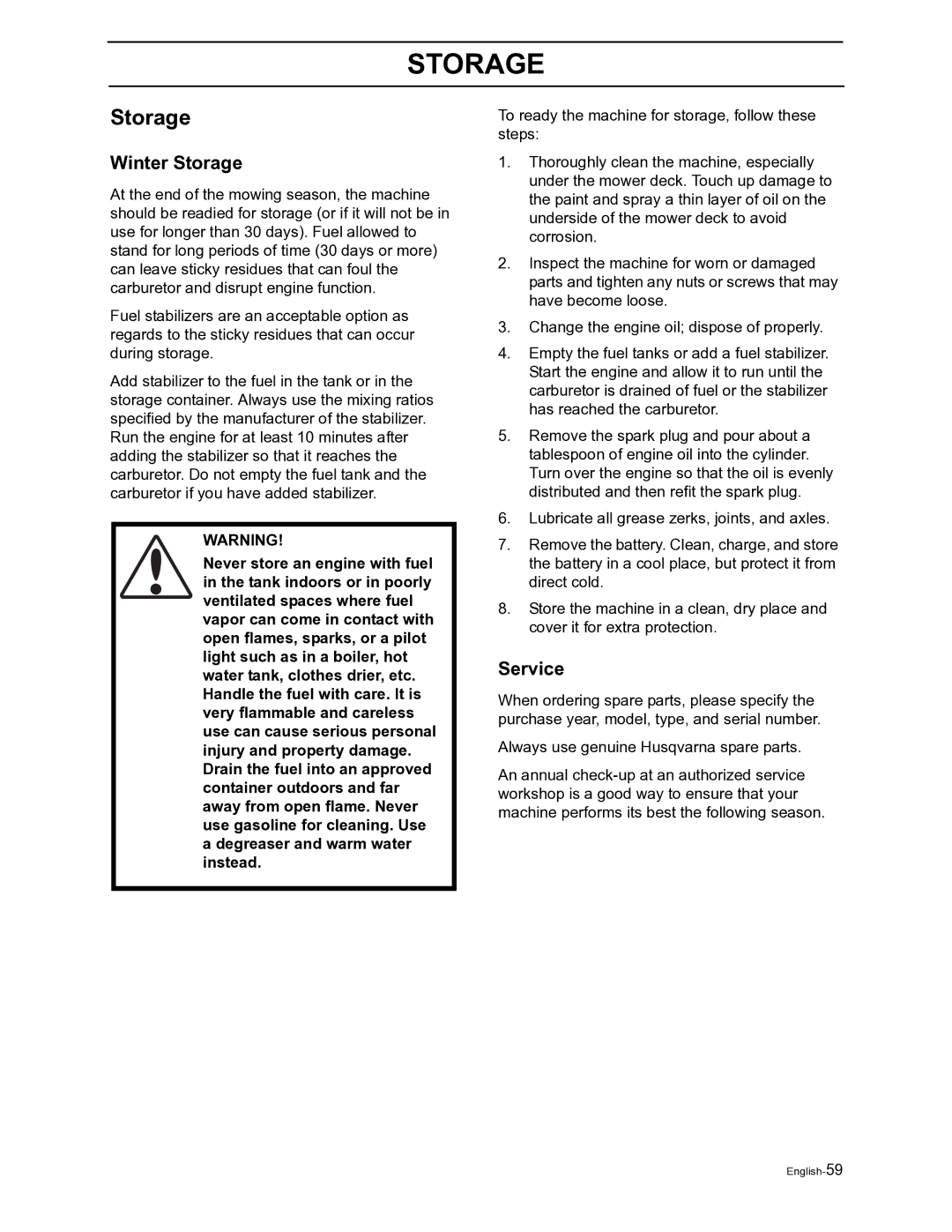 Husqvarna Z4822 manual Winter Storage, Service 