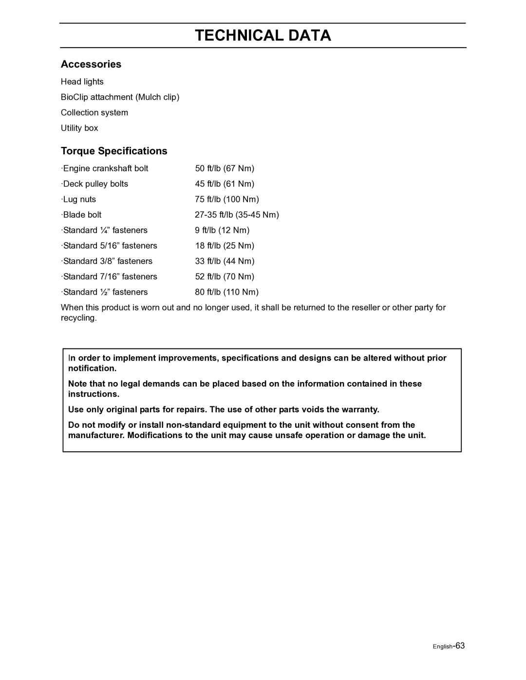 Husqvarna Z4822 manual Accessories, Torque Specifications 