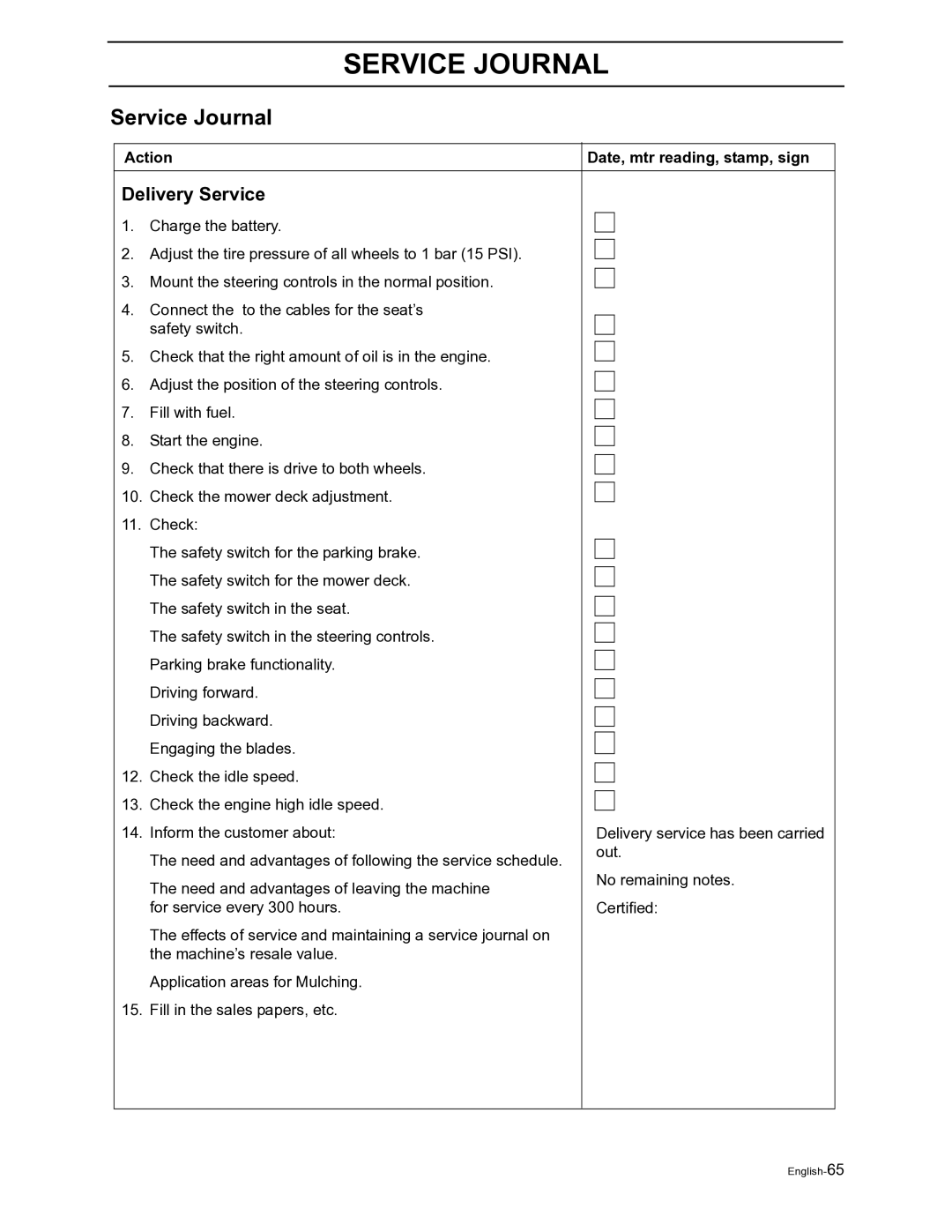 Husqvarna Z4822 manual Service Journal, Delivery Service, Action Date, mtr reading, stamp, sign 