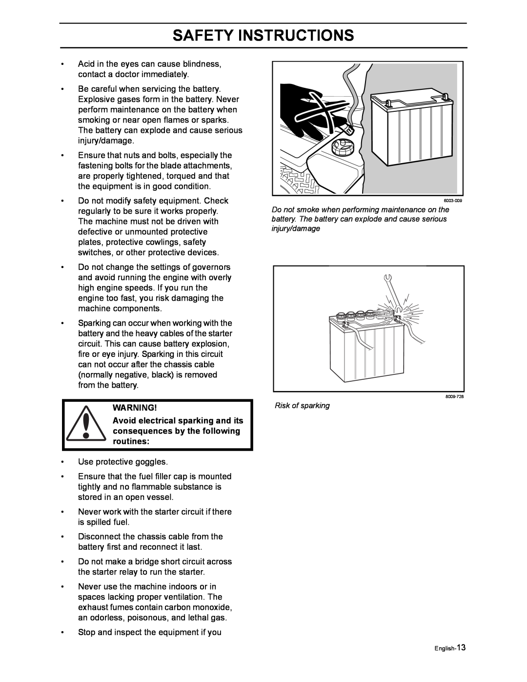Husqvarna Z4822 manual Safety Instructions, Risk of sparking, English-13 