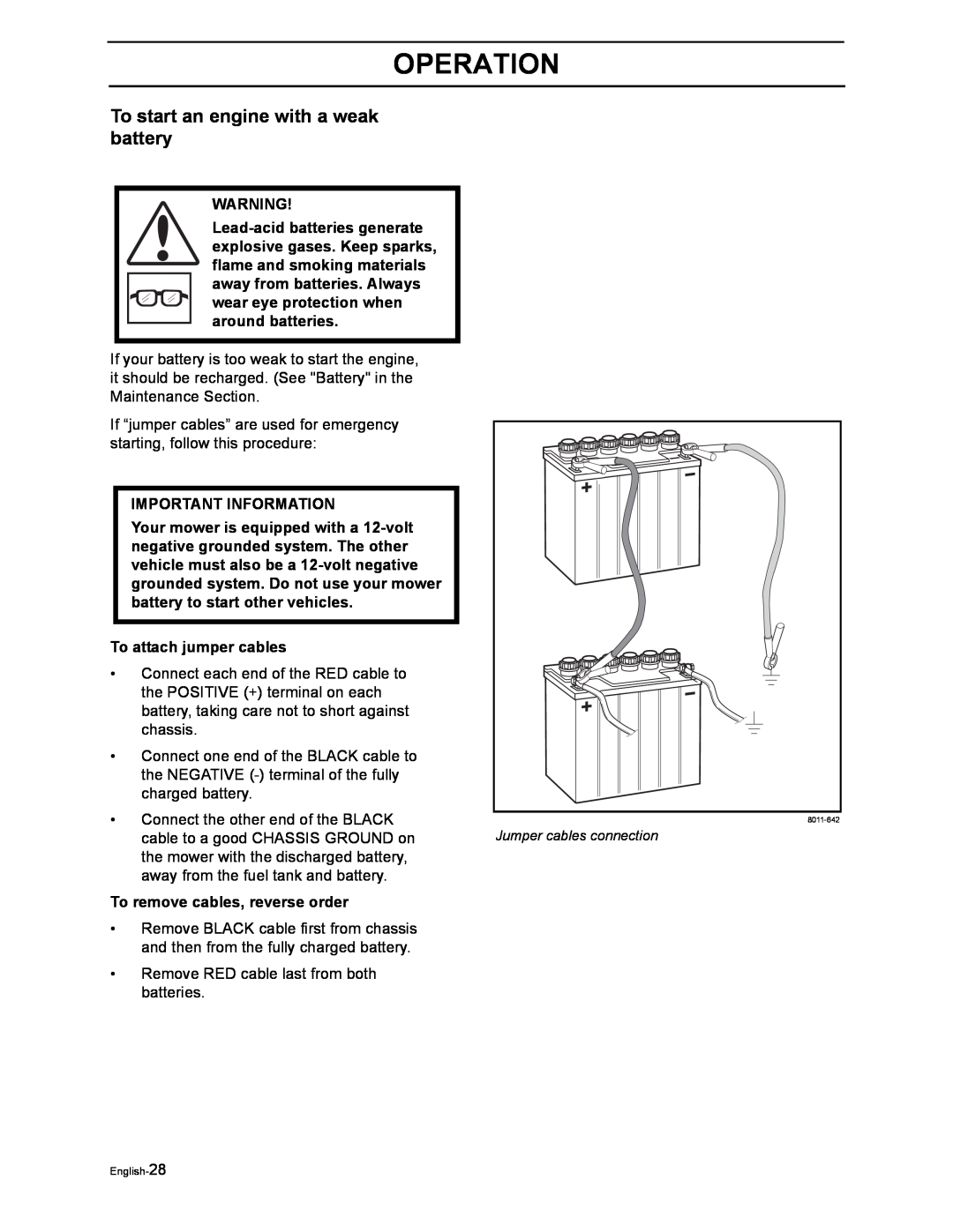 Husqvarna Z4822 manual To start an engine with a weak battery, To attach jumper cables, To remove cables, reverse order 