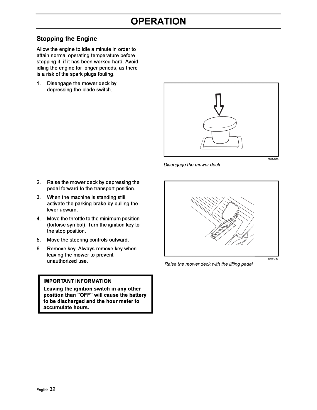 Husqvarna Z4822 manual Stopping the Engine, Operation, Important Information 