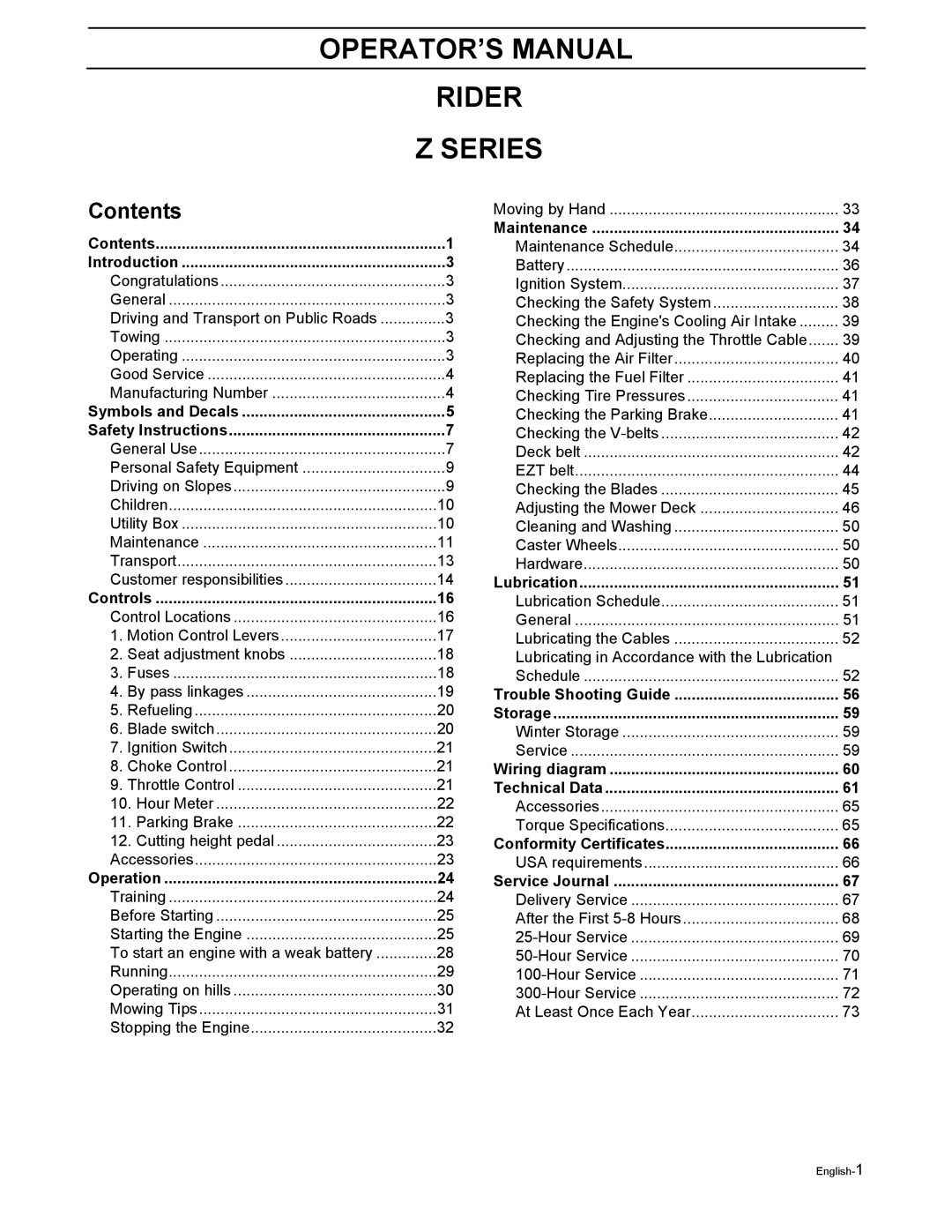 Husqvarna Z4218, Z4824, Z5426, Z4219 manual OPERATOR’S Manual Rider Series, Contents 