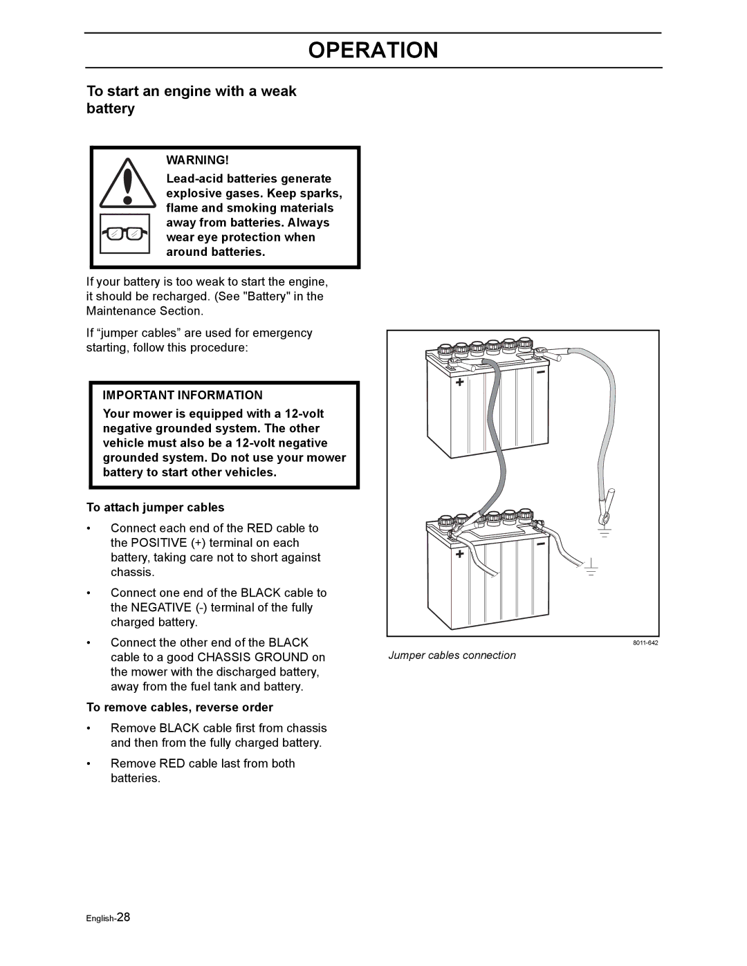 Husqvarna Z4219, Z4824, Z5426, Z4218 manual To start an engine with a weak battery, To remove cables, reverse order 