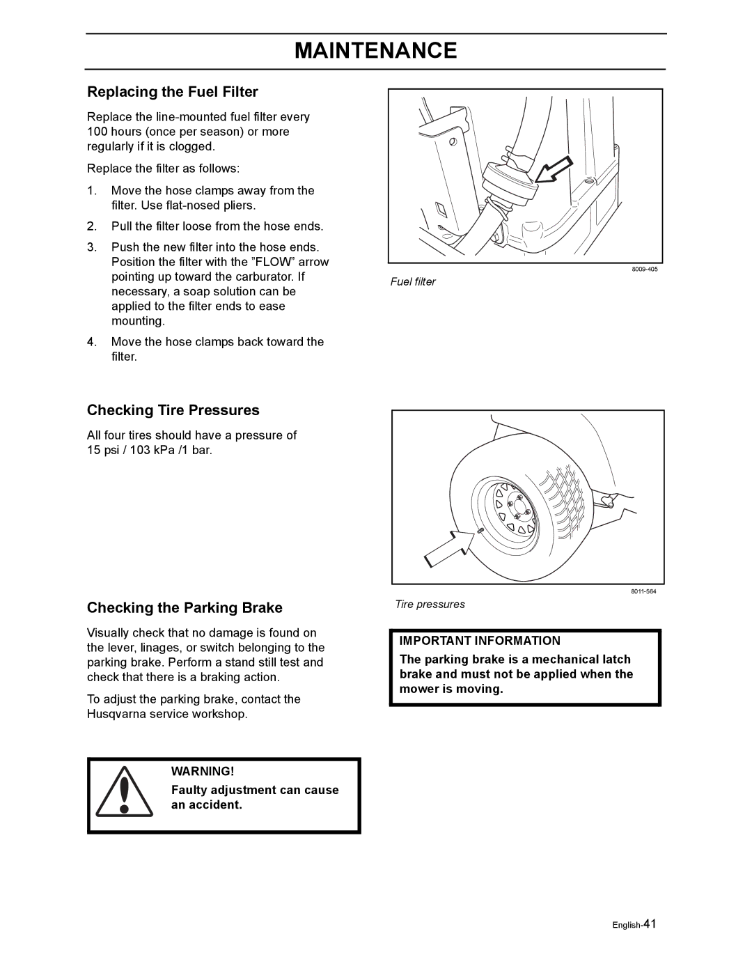 Husqvarna Z4218, Z4824, Z5426, Z4219 manual Replacing the Fuel Filter, Checking Tire Pressures, Checking the Parking Brake 