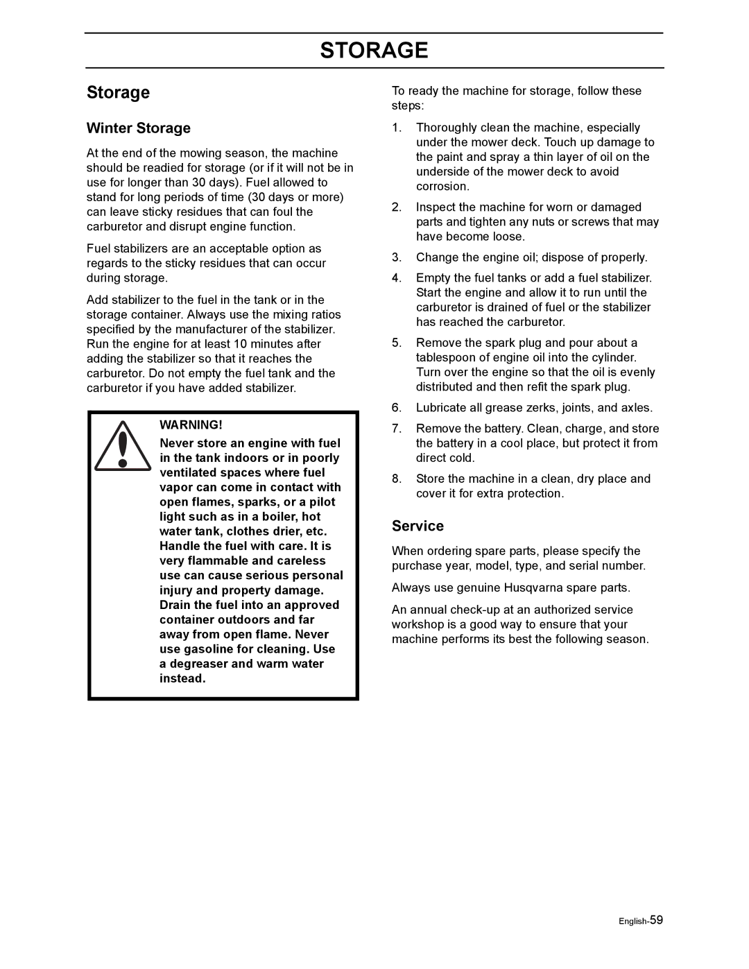 Husqvarna Z5426, Z4824, Z4219, Z4218 manual Winter Storage, Service 