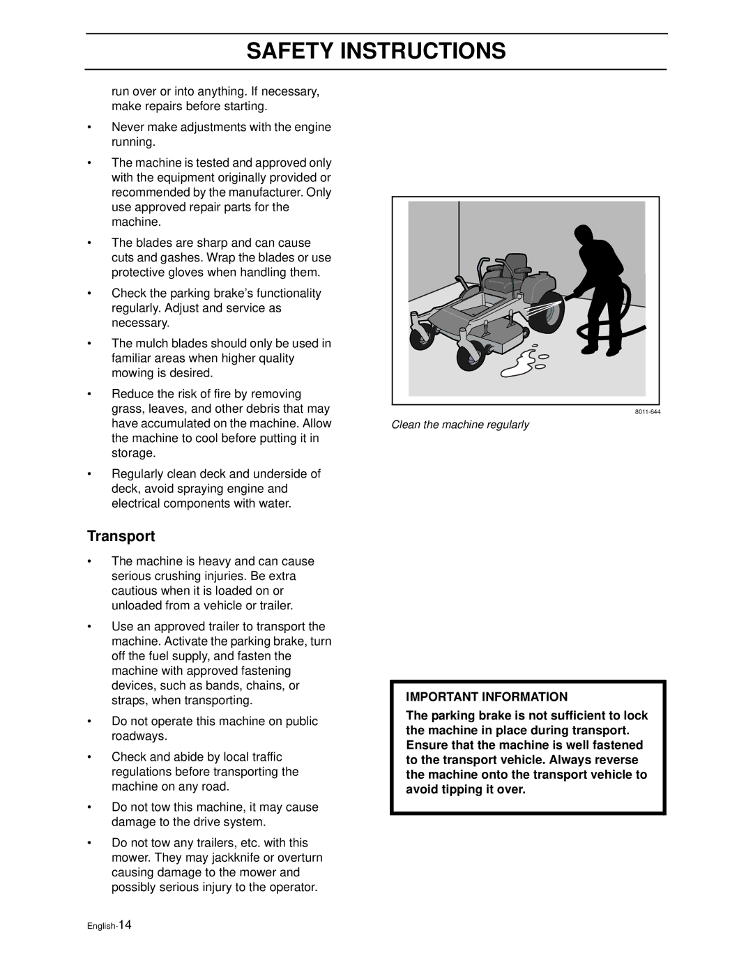 Husqvarna ZEKW42170, ZEKW52210 manual Transport, Important Information 