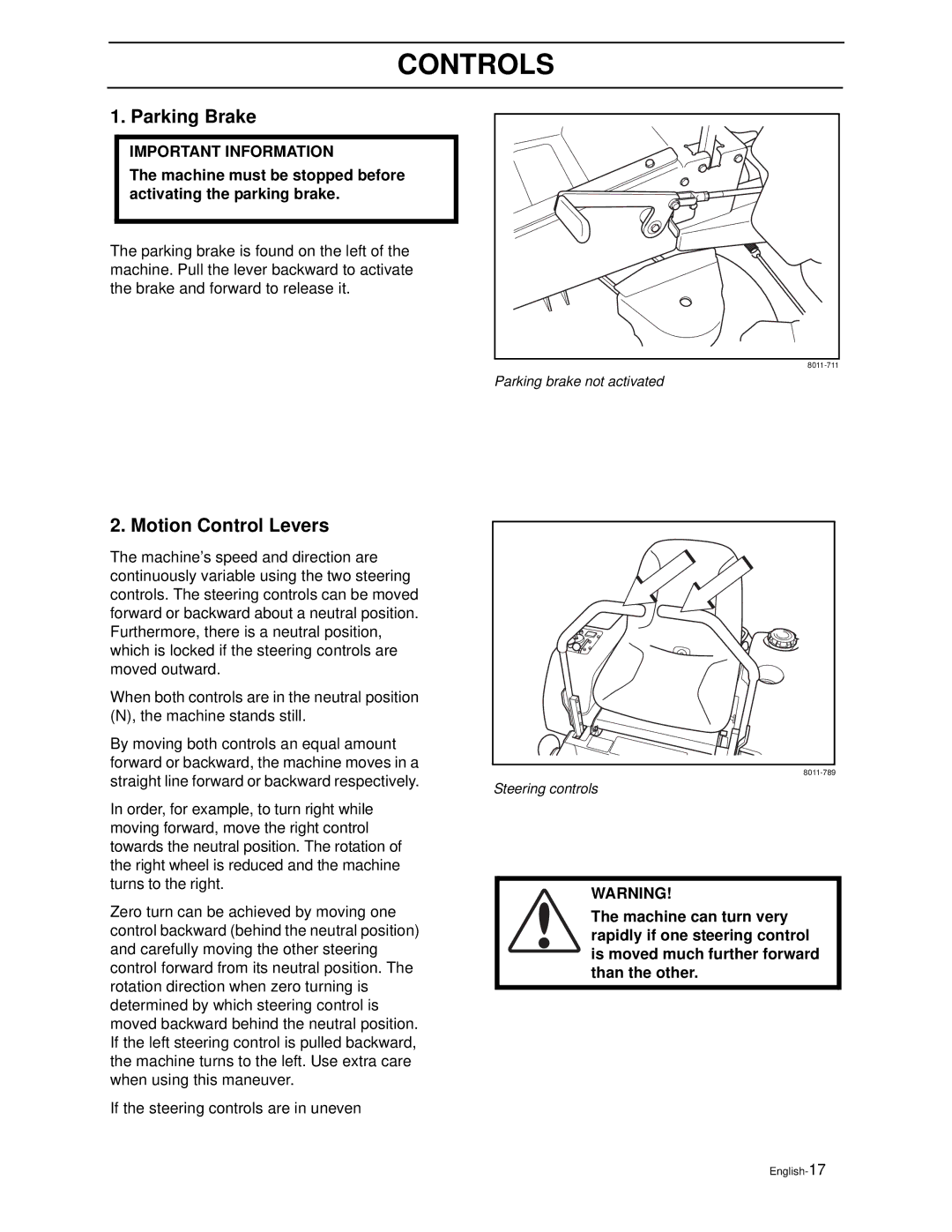 Husqvarna ZEKW42170, ZEKW52210 manual Parking Brake, Motion Control Levers 