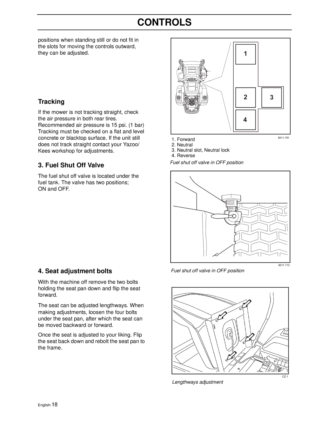 Husqvarna ZEKW42170, ZEKW52210 manual Tracking, Fuel Shut Off Valve, Seat adjustment bolts 