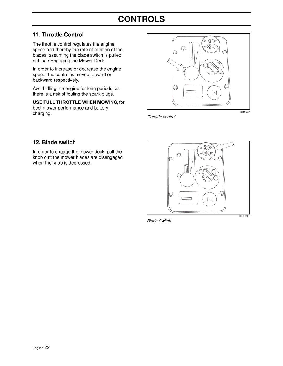 Husqvarna ZEKW42170, ZEKW52210 manual Throttle Control, Blade switch 