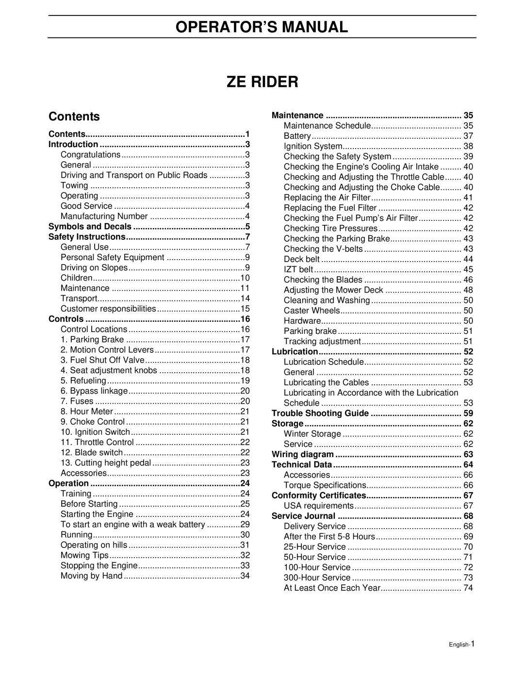 Husqvarna ZEKW42170, ZEKW52210 manual OPERATOR’S Manual ZE Rider, Contents 