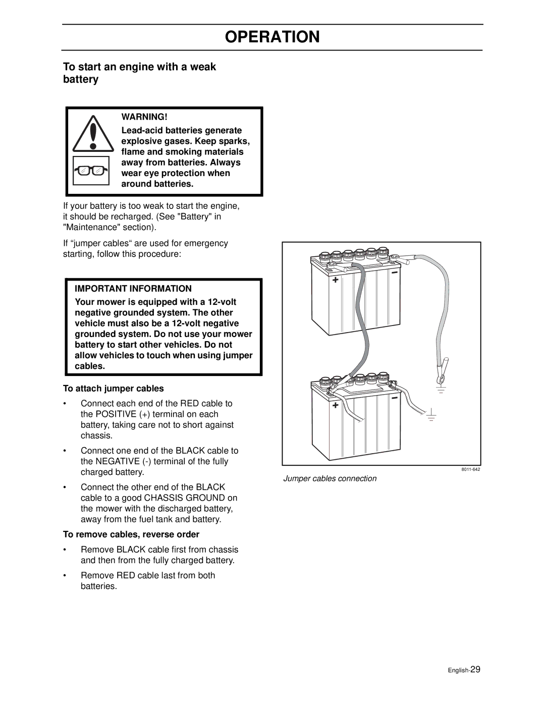 Husqvarna ZEKW42170, ZEKW52210 manual To start an engine with a weak battery, To remove cables, reverse order 