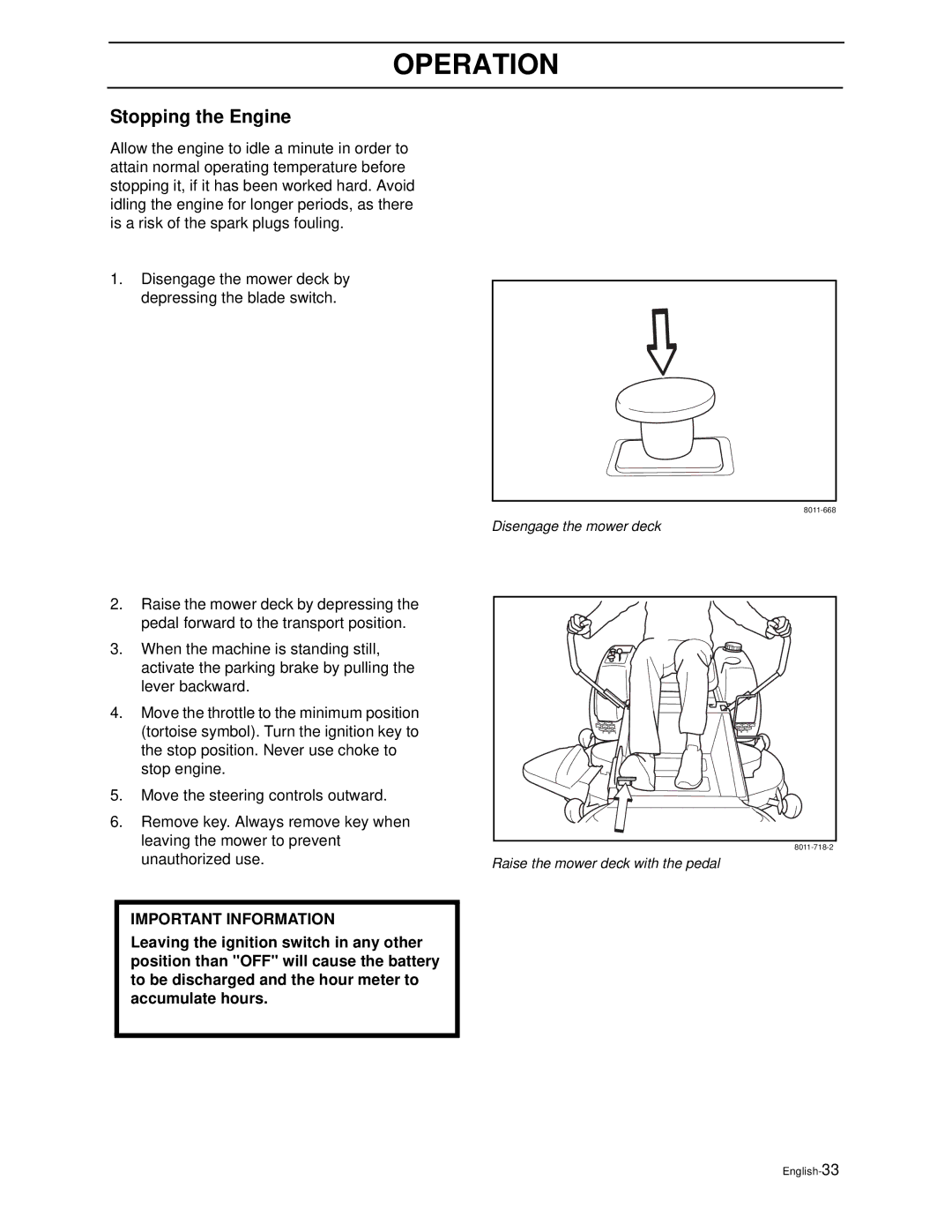 Husqvarna ZEKW42170, ZEKW52210 manual Stopping the Engine 