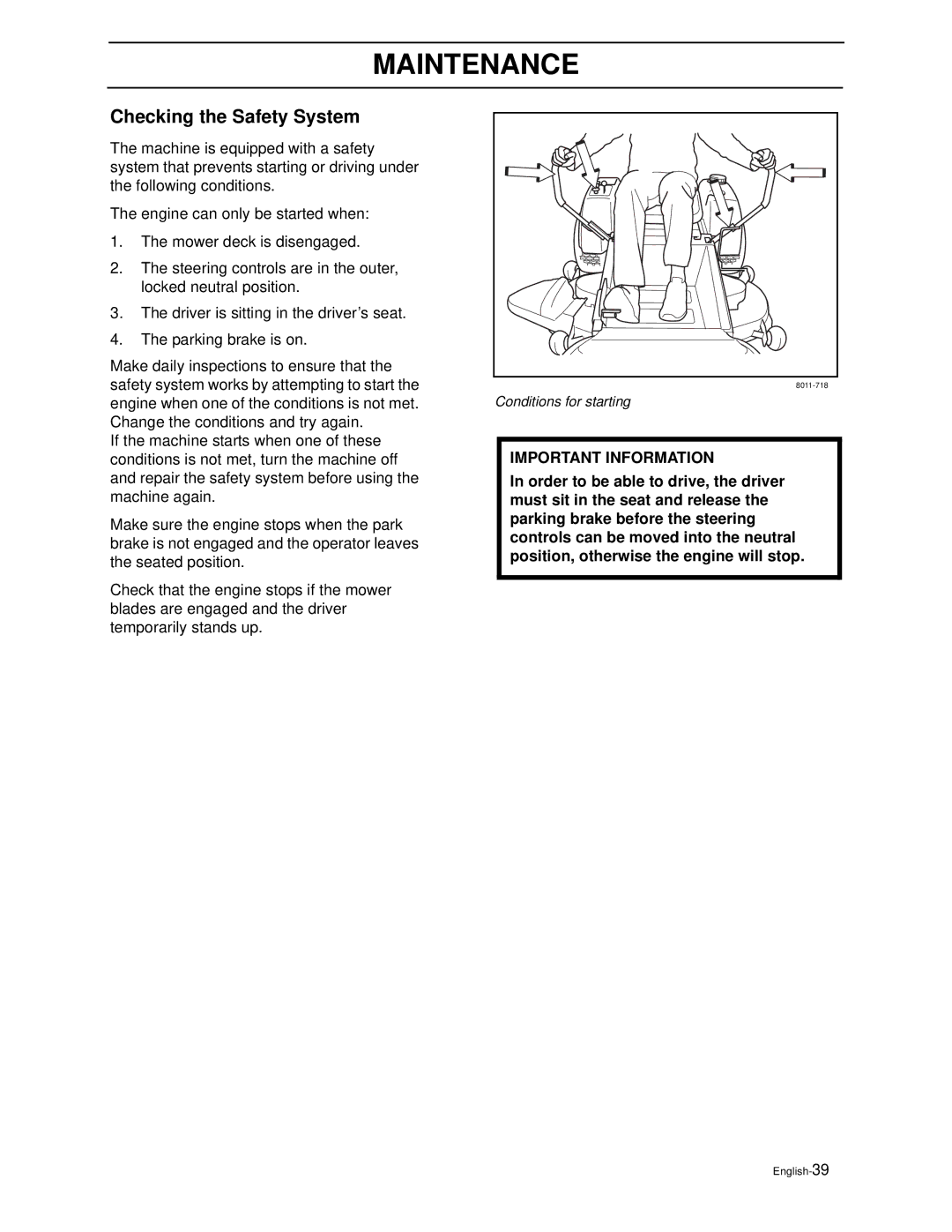 Husqvarna ZEKW42170, ZEKW52210 manual Checking the Safety System 