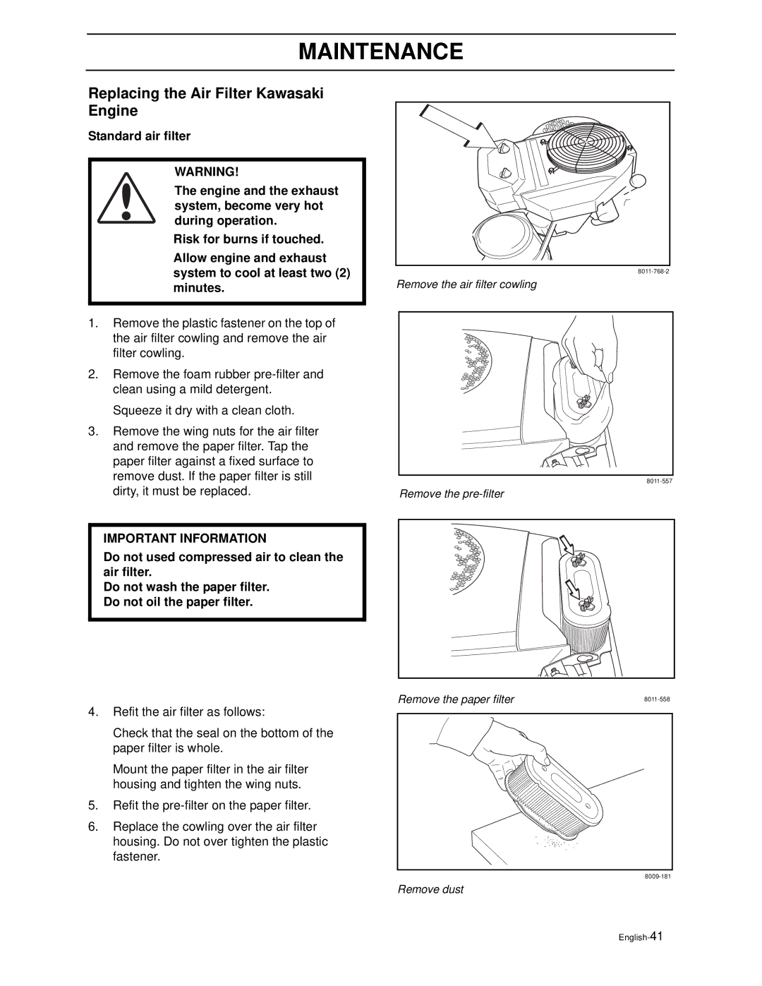 Husqvarna ZEKW42170, ZEKW52210 manual Replacing the Air Filter Kawasaki Engine 