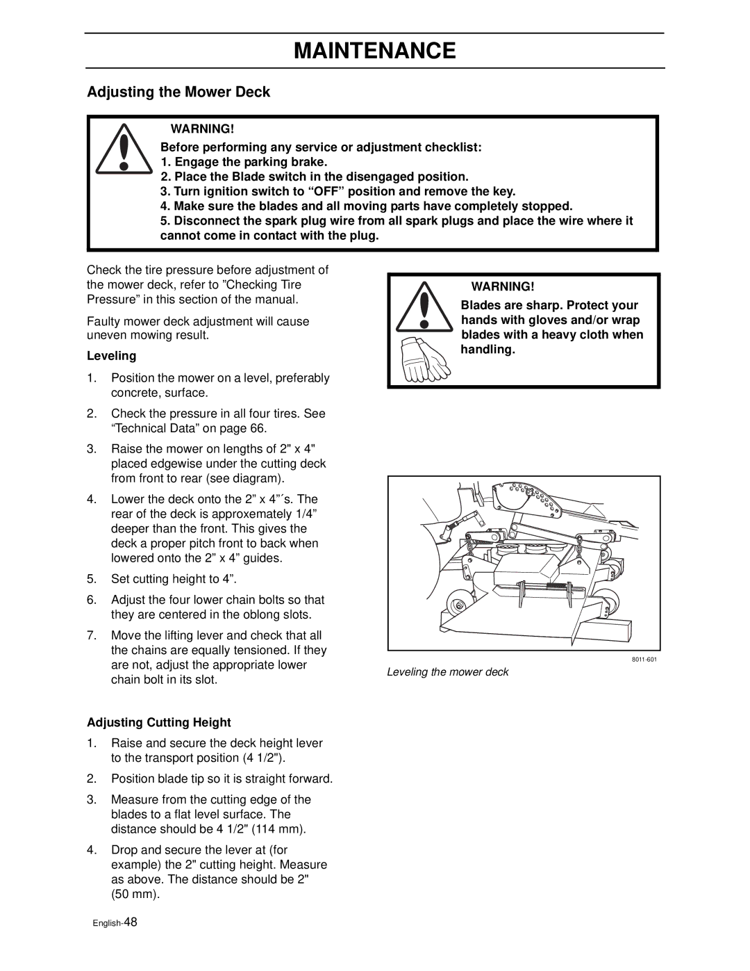 Husqvarna ZEKW42170, ZEKW52210 manual Adjusting the Mower Deck, Leveling, Adjusting Cutting Height 