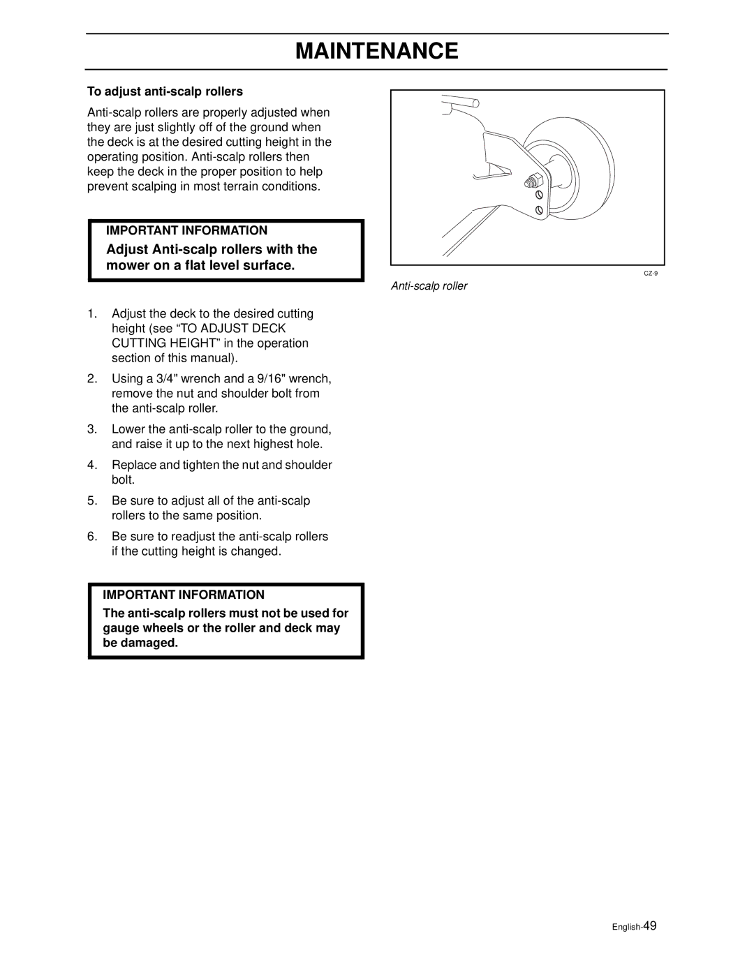 Husqvarna ZEKW42170, ZEKW52210 manual To adjust anti-scalp rollers 