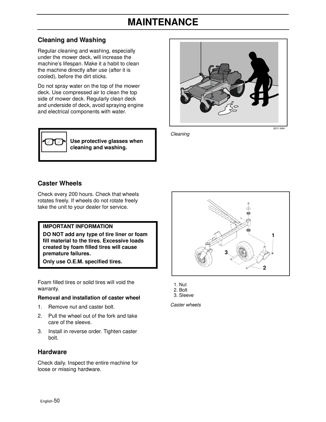 Husqvarna ZEKW42170, ZEKW52210 Cleaning and Washing, Caster Wheels, Hardware, Removal and installation of caster wheel 