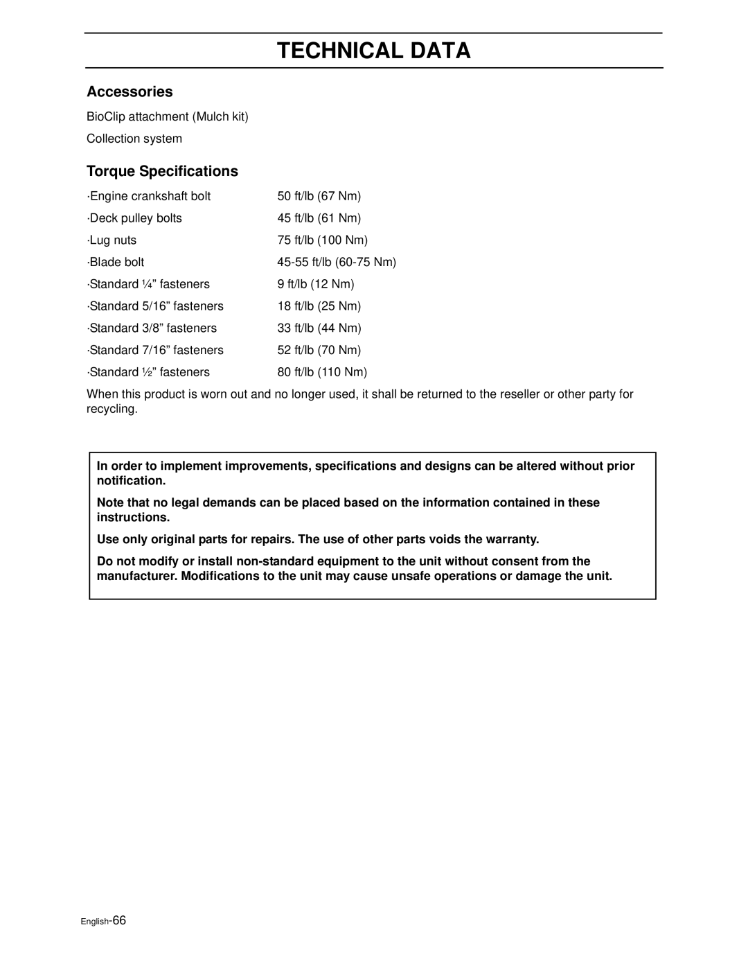 Husqvarna ZEKW42170, ZEKW52210 manual Accessories, Torque Specifications 