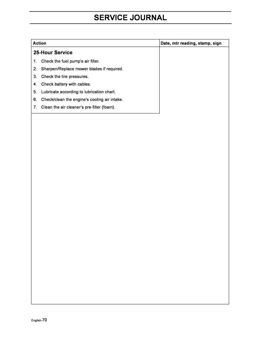 Husqvarna ZEKW42170, ZEKW52210 manual Hour Service, Service Journal, Check the fuel pump’s air filter, English-70 