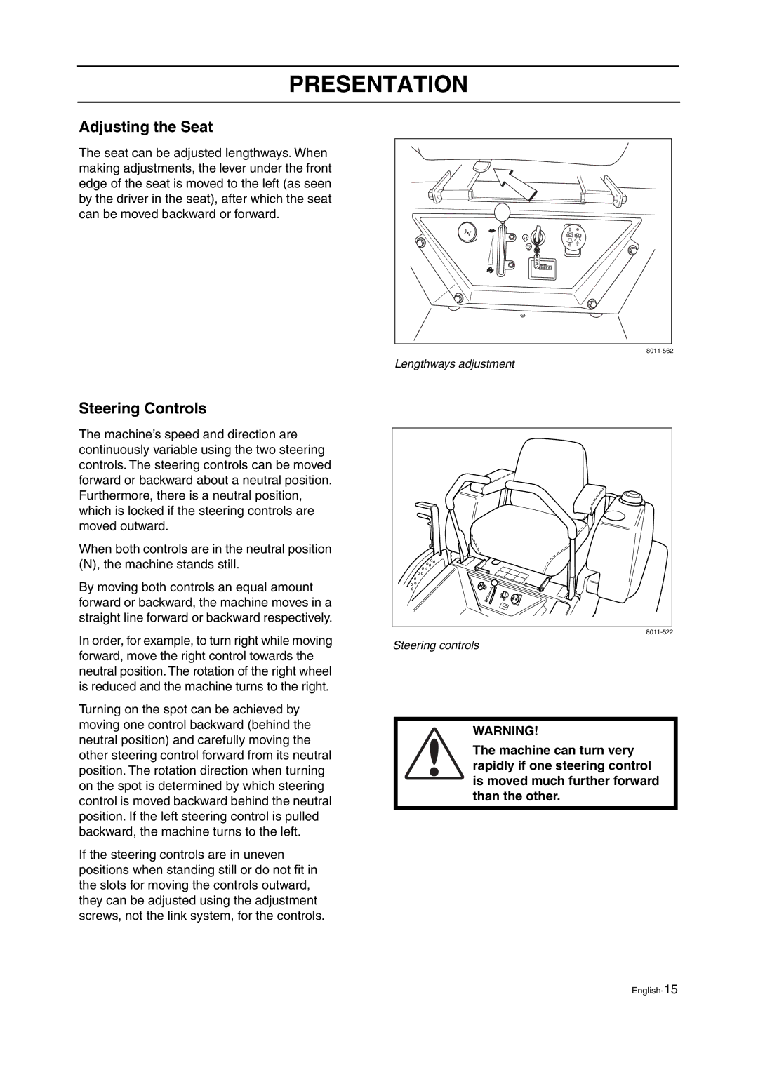 Husqvarna ZTH manual Adjusting the Seat, Steering Controls 