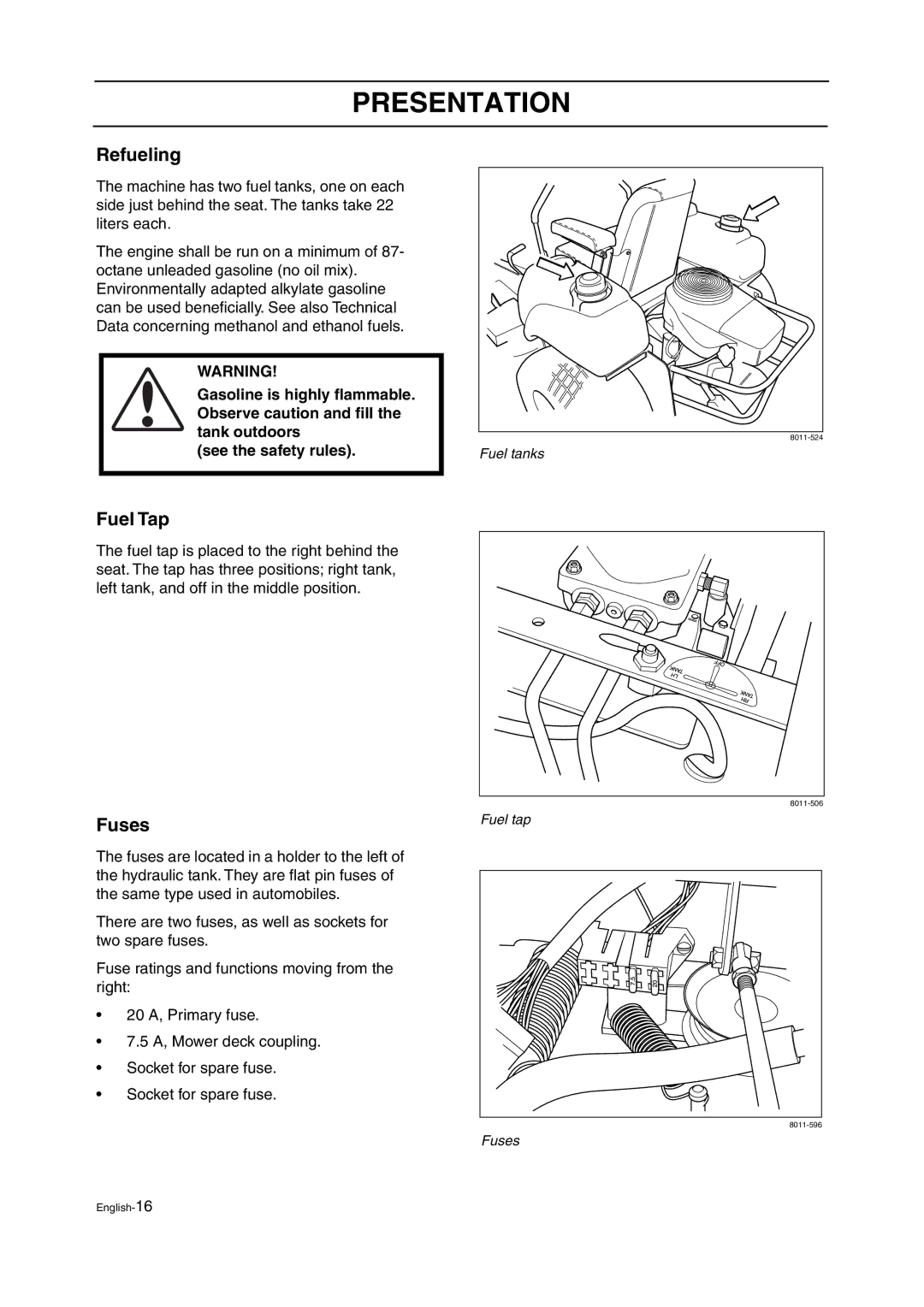 Husqvarna ZTH manual Refueling, Fuel Tap, Fuses 