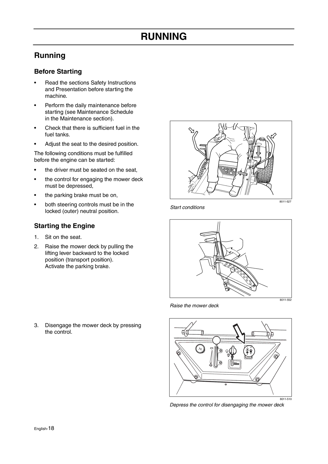 Husqvarna ZTH manual Running, Before Starting, Starting the Engine 