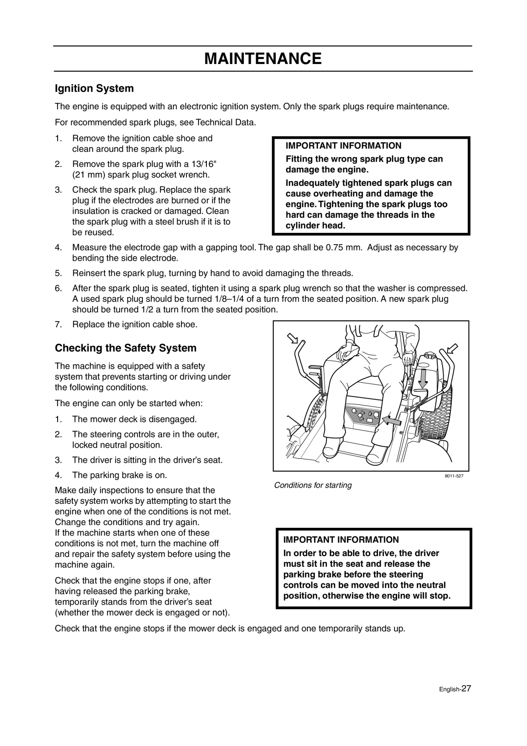 Husqvarna ZTH manual Ignition System, Checking the Safety System 