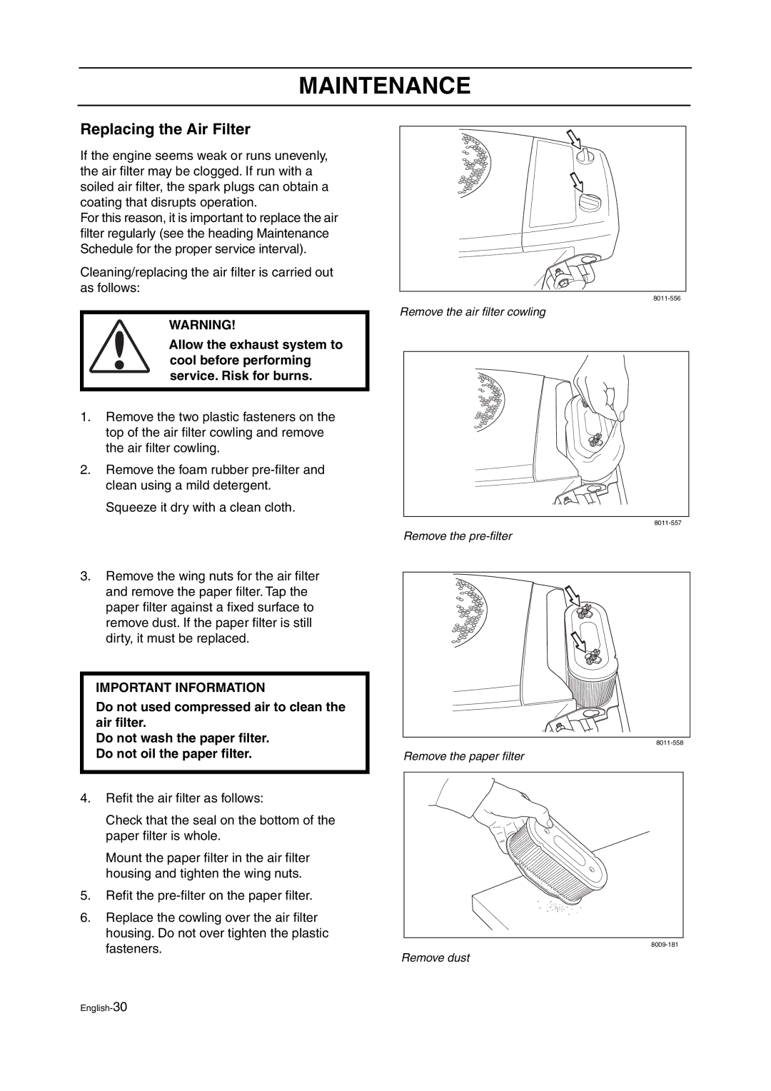 Husqvarna ZTH manual Replacing the Air Filter 