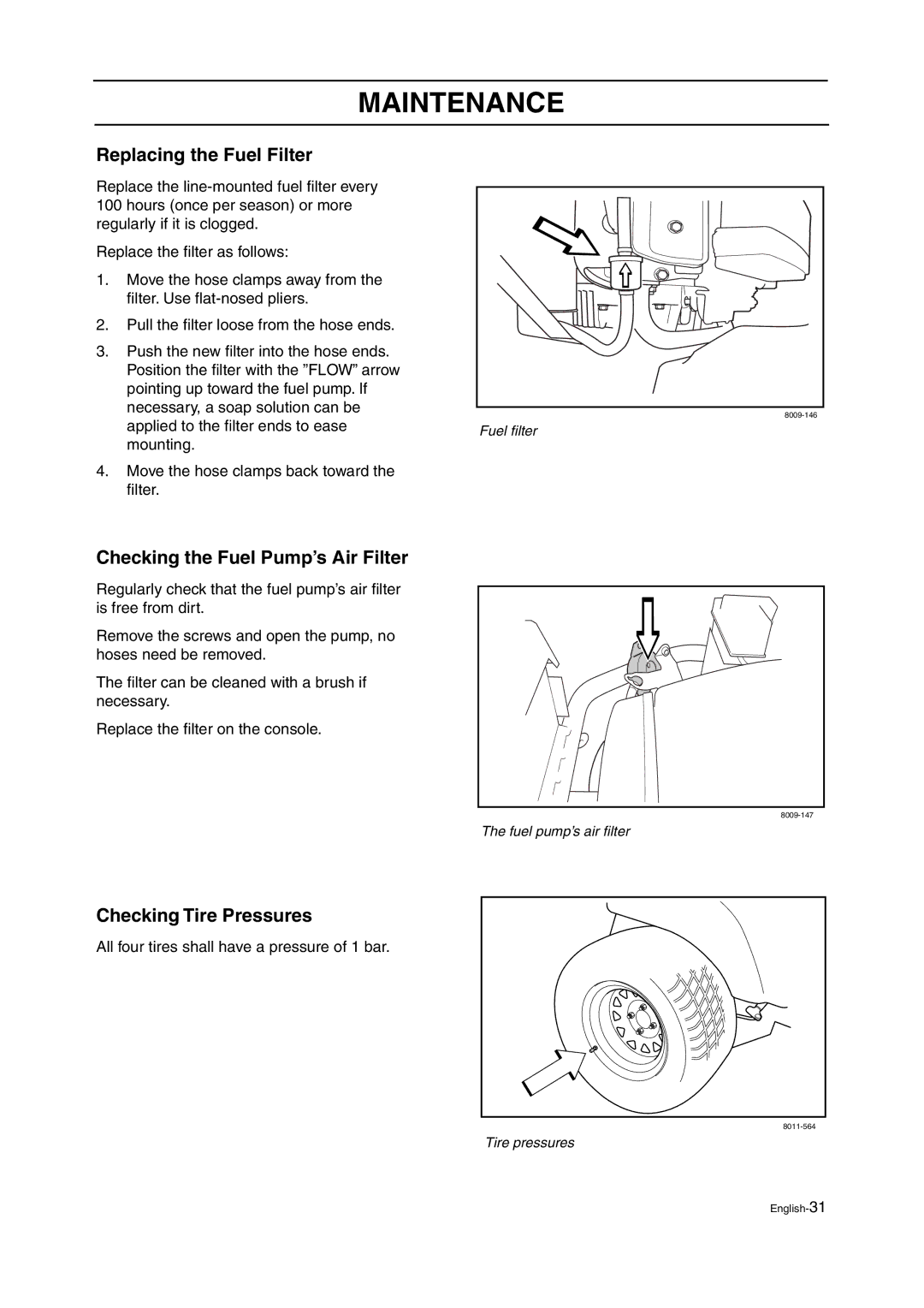 Husqvarna ZTH manual Replacing the Fuel Filter, Checking the Fuel Pump’s Air Filter, Checking Tire Pressures 