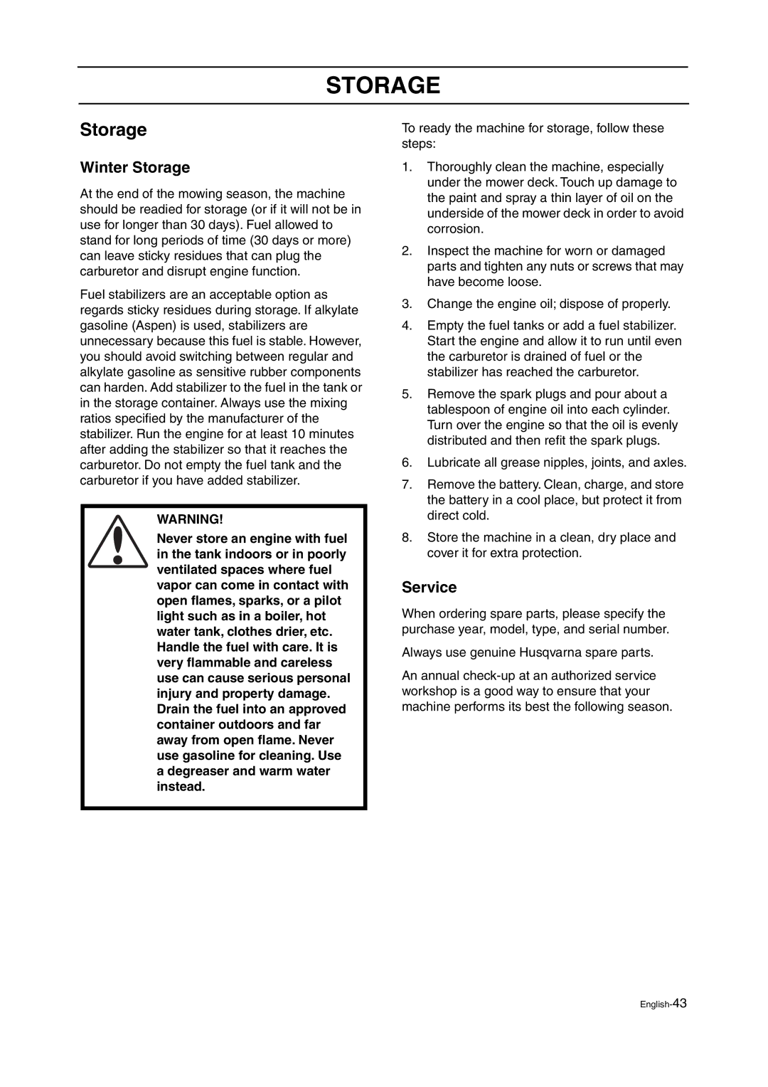 Husqvarna ZTH manual Winter Storage, Service 