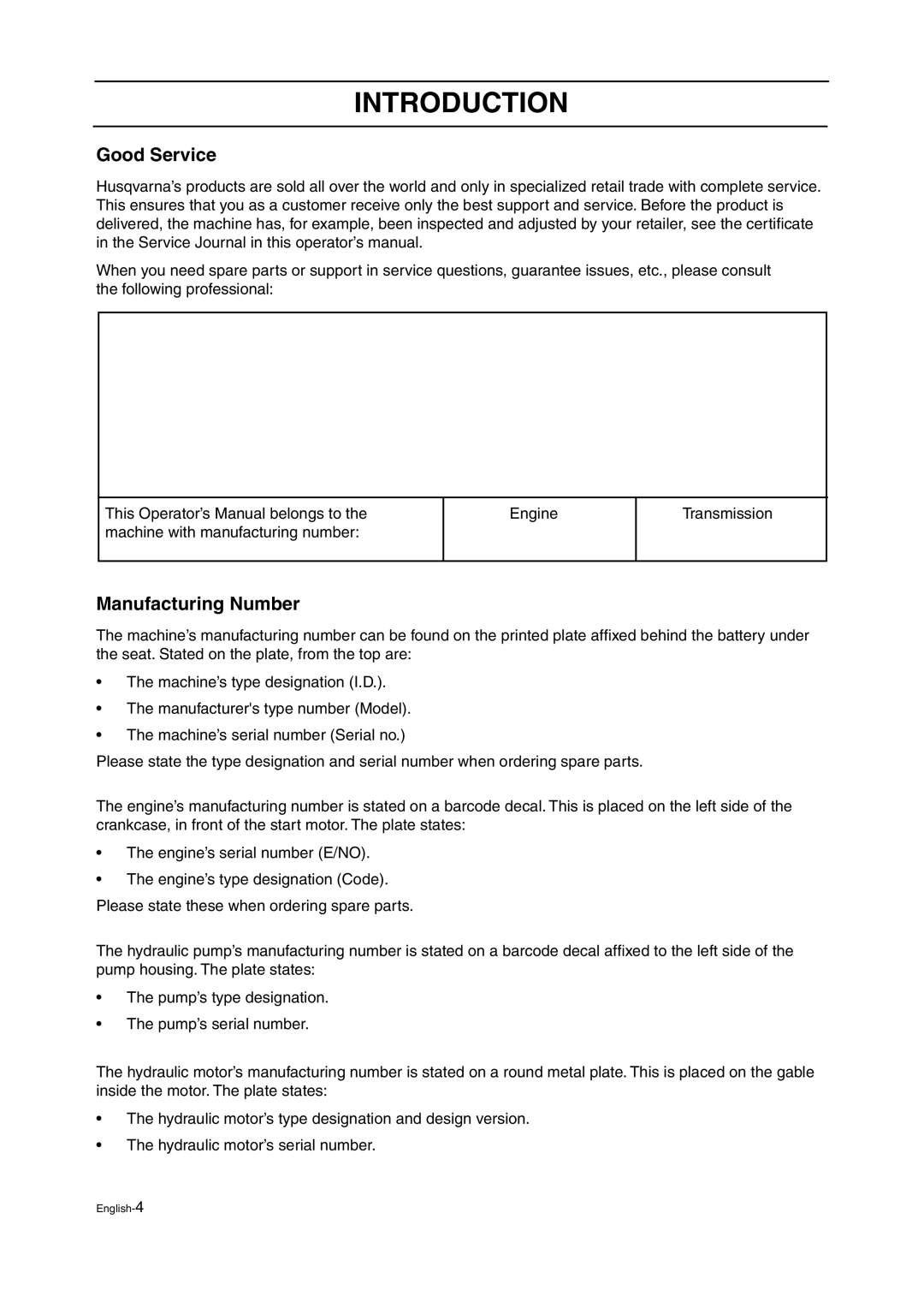 Husqvarna ZTH manual Good Service, Manufacturing Number 